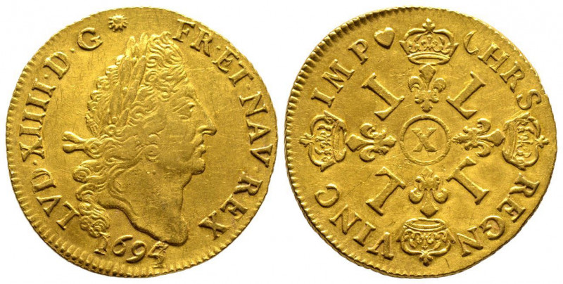 Louis XIV 1643-1715
Double Louis d'or aux 4 L, fr, Amiens 1694/3 X, AU 13.42 g....