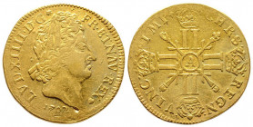 Louis XIV 1643-1715
Double Louis d'or aux 8 L et aux insignes, rf, Paris, 1702 A, AU 13.43 g.
Ref : G. 261, Fr. 435
Conservation : coups sinon TTB