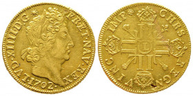 Louis XIV 1643-1715
Double Louis d'or aux 8 L et aux insignes, fn, Bayonne, 1702 L, AU 13.42 g.
Ref : G. 261 (R3), Fr. 435
Conservation : Traces d'un ...