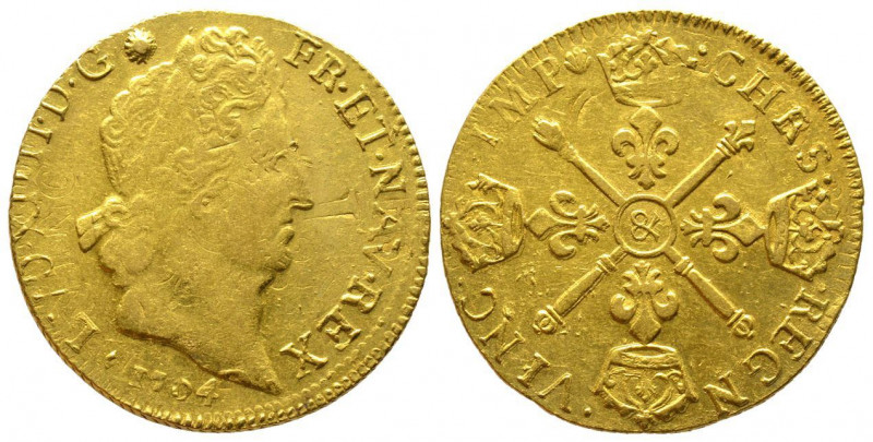 Louis XIV 1643-1715
Double Louis d'or aux insignes, rf, Aix, 1704 &, AU 13.37 g....