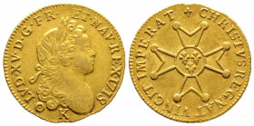 Louis XV 1715-1774
Louis d'or à la «croix de chevalier», appelé autrefois à la «croix de Malte», Bordeaux, 1718 K, AU 9.78 g.
Ref : G.336 (R2), Fr. 45...