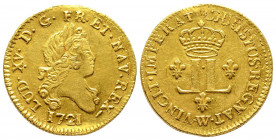 Louis XV 1715-1774
Louis d'or aux 2 L, fausse réformation, Lille, 1721 W, AU 9.79 g.
Ref : G. 337 (R), Fr. 456
Conservation : TTB/Superbe. Rare