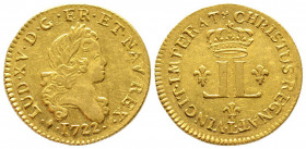 Louis XV 1715-1774
Louis d'or aux 2 L, fn, Bayonne, 1722 L, AU 9.77 g.
Ref : G. 337 (R2), Fr. 456
Conservation : Superbe. Rare