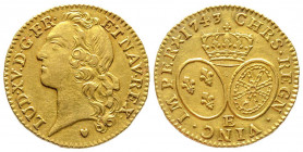 Louis XV 1715-1774
Louis d'or au bandeau, Tours, 1743 E, AU 8.12 g.
Ref : G. 341 (R3) , Fr. 464
Conservation : TTB-SUP. Rarissime
