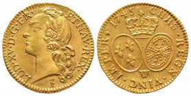 Louis XV 1715-1774
Louis d'or au bandeau, Lille, 1745 W, AU 8.14 g.
Ref : G. 341 (R), Fr. 464
Conservation : presque FDC