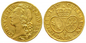 Louis XV 1715-1774
Louis d'or au bandeau, Bourges, 1745 Y, AU 8.10 g.
Ref : G. 341 (R5) , Fr. 464
Conservation : presque Superbe. Rarissime
