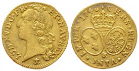 Louis XV 1715-1774
Louis d'or au bandeau, Aix, 1746 &, 6 sur 5, AU 8.14 g.
Ref : G. 341 (R3), Fr. 464
Conservation : TTB+. Très Rare
