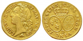 Louis XV 1715-1774
Louis d'or au bandeau, Lyon, 1755 D (5/4), AU 8.08 g.
Ref : G. 341 (R2), Fr. 464
Conservation : Superbe. Inedit avec 5 sur 4