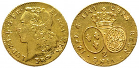 Louis XV 1715-1774
Double Louis d'or au bandeau, Grenoble, 1747 Z, (7/2) AU 16.22 g.
Ref : G. 346 (R5), Fr. 463
Conservation : TTB. Rarissime (7 sur 2...