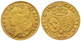 Louis XV 1715-1774
Double Louis d'or au bandeau, Strasbourg, 1758 BB, AU 16.16 g.
Ref : G. 346, Fr. 463
Conservation : TTB/SUP