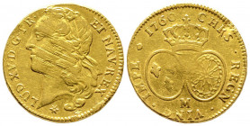 Louis XV 1715-1774
Double Louis d'or au bandeau, Toulouse, 1760 M, AU 16.04 g.
Ref : G. 346 (R3), Fr. 463
Conservation : coups sinon TTB. Très Rare