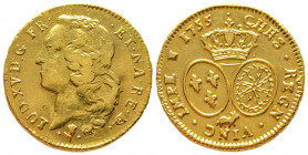 Louis XV 1715-1774
Double Louis d'or au bandeau de Béarn, Pau 1755, AU 16.10 g.
Ref : G. 346a (R3), Fr. 463
Conservation : traces de nettoyage sinon T...
