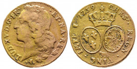 Louis XV 1715-1774
Double Louis d'or au bandeau de Béarn, Pau, 1759, faux d'époque, AU 8.76 g.
Ref : G. 346a, Fr. 463
Conservation : TB+. Rarissime