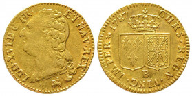 Louis XVI 1774-1792
Louis d'or à la tête nue, Rouen, 1787 B, AU 7.67 g.
Ref : G.361 (R2), Fr. 471
Conservation : TTB+. Très Rare