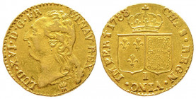 Louis XVI 1774-1792
Louis d'or à la tête nue, Limoges, 1788 I, 8 sur 7, AU 7.65 g.
Ref : G.361 (R2), Fr. 475
Conservation : TTB. Faux d'époque?