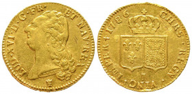 Louis XVI 1774-1792
Double Louis d'or à la tête nue, Limoges, 1786 I, AU 15.23 g.
Ref : G.363 (R), Fr. 474
Conservation : rayures sinon TTB
