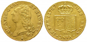 Louis XVI 1774-1792
Double Louis d'or à la tête nue, Metz, 1787 AA, AU 15.26 g.
Ref : G.363 (R2), Fr. 474
Conservation : Superbe. Très Rare
