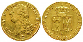 Louis XVI 1774-1792
Double Louis d'or à la tête nue, Montpellier, 1787 N, AU 15.18 g.
Ref : G.363 (R3), Fr. 474
Conservation : TTB. Très Rare