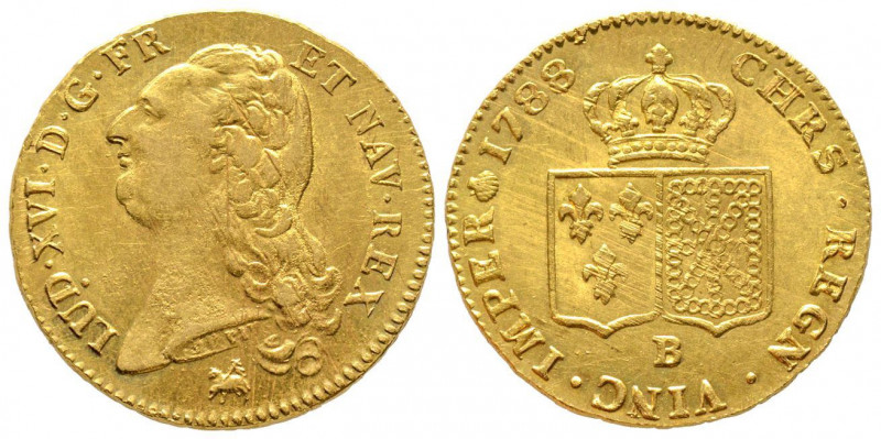 Louis XVI 1774-1792
Double Louis d'or à la tête nue, Rouen, 1788 B, AU 15.15 g.
...