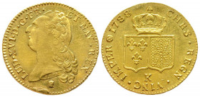 Louis XVI 1774-1792
Double Louis d'or à la tête nue, Bordeaux, 1788 K, AU 15.33 g.
Ref : G.363 (R), Fr. 474
Conservation : éraflure sur la tranche sin...