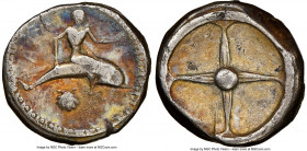 CALABRIA. Tarentum. Ca. 480-450 BC. AR didrachm (17mm, 7.72 gm). NGC Choice Fine 5/5 - 3/5. TARAS (retrograde), Taras astride dolphin right, left hand...