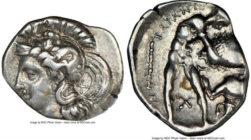 CALABRIA. Tarentum. Ca. 380-280 BC. AR diobol (13mm, 9h). NGC Choice VF. Ca. 325...