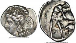 CALABRIA. Tarentum. Ca. 380-280 BC. AR diobol (13mm, 9h). NGC Choice VF. Ca. 325-280 BC. Head of Athena left, wearing crested Attic helmet decorated w...