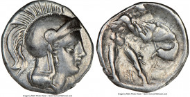 CALABRIA. Tarentum. Ca. 380-280 BC. AR diobol (13mm, 11h). NGC VF. Ca. 325-280 BC. Head of Athena right, wearing crested Attic helmet / TAPAΣ, Hercule...
