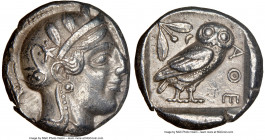 ATTICA. Athens. Ca. 455-440 BC. AR tetradrachm (24mm, 17.11 gm, 8h). NGC Choice XF 4/5 - 3/5. Early transitional issue. Head of Athena right, wearing ...