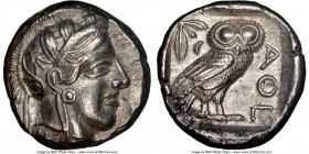 ATTICA. Athens. Ca. 440-404 BC. AR tetradrachm (23mm, 17.15 gm, 7h). NGC Choice AU 5/5 - 4/5. Mid-mass coinage issue. Head of Athena right, wearing cr...