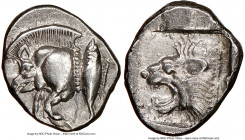 MYSIA. Cyzicus. Ca. 5th century BC. AR diobol(?) (11mm, 6h). NGC AU, brushed. Forepart of boar left, tunny upward behind / Head of roaring lion left w...