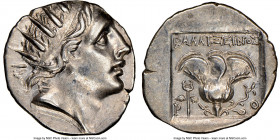 CARIAN ISLANDS. Rhodes. Ca. 88-84 BC. AR drachm (16mm, 10h). NGC Choice AU. Plinthophoric standard, Callixeinos, magistrate. Radiate head of Helios ri...