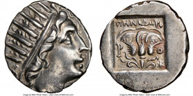 CARIAN ISLANDS. Rhodes. Ca. 88-84 BC. AR drachm (15mm, 11h). NGC AU. 'Plinthophoric' coinage, Menodorus, magistrate. Radiate head of Helios right / MH...