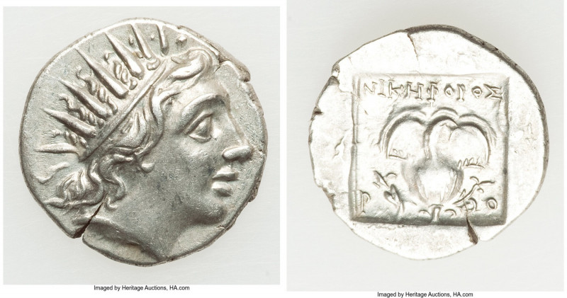 CARIAN ISLANDS. Rhodes. Ca. 88-84 BC. AR drachm (15mm, 2.07 gm, 12h). XF. Plinth...