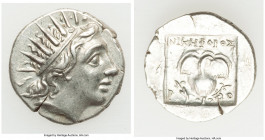 CARIAN ISLANDS. Rhodes. Ca. 88-84 BC. AR drachm (15mm, 2.07 gm, 12h). XF. Plinthophoric standard, Nicephorus, magistrate. Radiate head of Helios right...