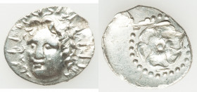 CARIAN ISLANDS. Rhodes. Ca. 40 BC-AD 25. AR drachm (21mm, 3.76 gm, 11h). VF, scuffs. Radiate head of Helios facing, turned slightly left, hair parted ...