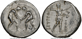 PAMPHYLIA. Aspendus. Ca. 325-250 BC. AR stater (26mm, 12h). NGC XF, die shift. Two wrestlers grappling; F (inverted) between / ΕΣΤFΕΔΙΥ, slinger stand...