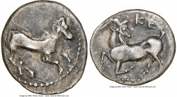 CILICIA. Celenderis. Ca. 3rd century BC. AR obol (11mm, 11h). NGC XF. Horse prancing right within beaded circle / KE, goat kneeling left, head right. ...