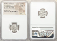 Anonymous (ca. 211-208 BC). AR victoriatus (16mm, 2.53 gm, 8h). NGC Choice MS 5/5 - 4/5 Apulia, Q series. Laureate head of Jupiter right / Victory sta...