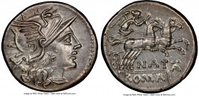 Pinarius Natta (ca. 149 BC). AR denarius (19mm, 3.93 gm, 5h). NGC Choice AU 5/5 - 3/5, brushed. Rome. Head of Roma right, wearing pendant earring, nec...