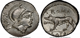 P. Satrienus (77 BC). AR denarius (17mm, 3.76 gm, 6h). NGC Choice AU 4/5 - 2/5, brushed. Rome. Helmeted head of young Mars right; XXXI behind / ROMA /...