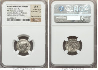 Mark Antony, as Triumvir (43-30 BC), with L. Pinarius Scarpus, Imperator. AR denarius (18mm, 3.07 gm, 12h). NGC Choice Fine 4/5 - 2/5, bankers marks. ...