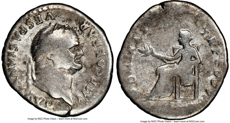Vespasian (AD 69-79). AR denarius (20mm, 7h). NGC VG. Rome, AD 75. IMP CAESAR VE...