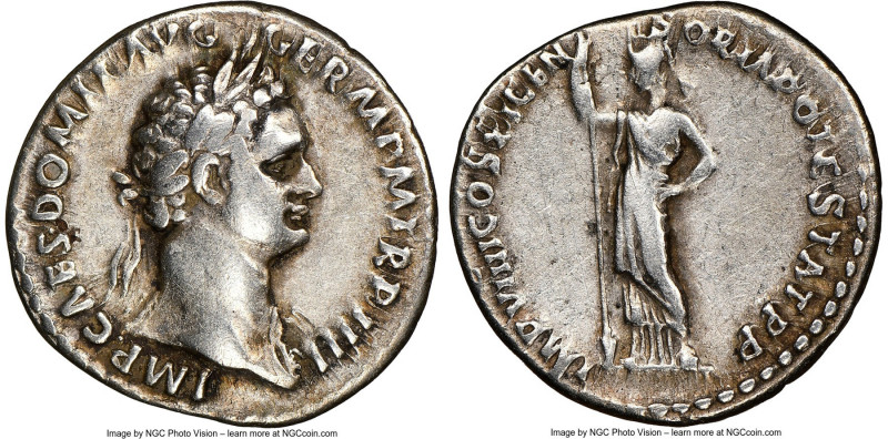 Domitian (AD 81-96). AR denarius (20mm, 12h). NGC VF, brushed. Rome, AD 85. IMP ...