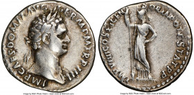 Domitian (AD 81-96). AR denarius (20mm, 12h). NGC VF, brushed. Rome, AD 85. IMP CAES DOMIT AVG GERM P M TR P IIII, laureate bust of Domitian right, ae...
