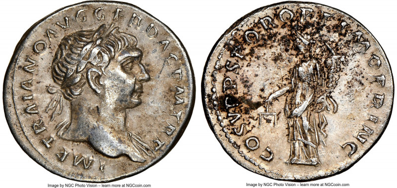 Trajan (AD 98-117). AR denarius (19mm, 6h). NGC XF. Rome, AD 103-111. IMP TRAIAN...