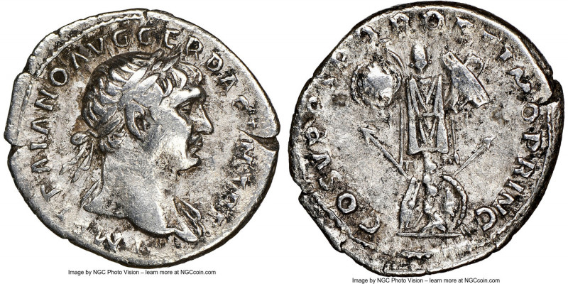 Trajan (AD 98-117). AR denarius (19mm, 7h). NGC Choice VF. Rome, AD 103-111. IMP...