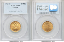 Russian Duchy. Nicholas II gold 20 Markkaa 1913-S MS65 PCGS, Helsinki mint, KM9.2. Lustrous honey-golden surfaces. 

HID09801242017

© 2020 Herita...