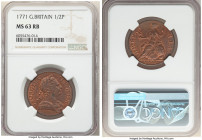 George III 1/2 Penny 1771 MS63 Red and Brown NGC, KM601. Die varieties exist. Chocolate fields and devices with residual red highlighting recessed leg...