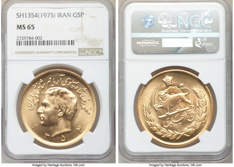 Muhammad Reza Pahlavi gold 5 Pahlavi SH 1354 (1975) MS65 NGC, Tehran mint, KM120...